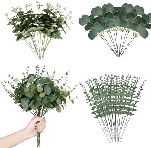 Coreland 120 Pcs 3 Kinds Mixed Artificial Eucalyptus Leaves Stems Fake Silver Dollar Eucalyptus Leaves Stem Bulk Faux Leaf for DIY Bouquets Floral Arrangement Wedding Home Decor