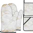 Perinsto White Gold Marble Oven Mitts & Pot Holders 4 Pcs Set, Decorative Heat Resistant Cooking Gloves Microwave Oven Gloves for Kitchen Baking Grilling BBQ