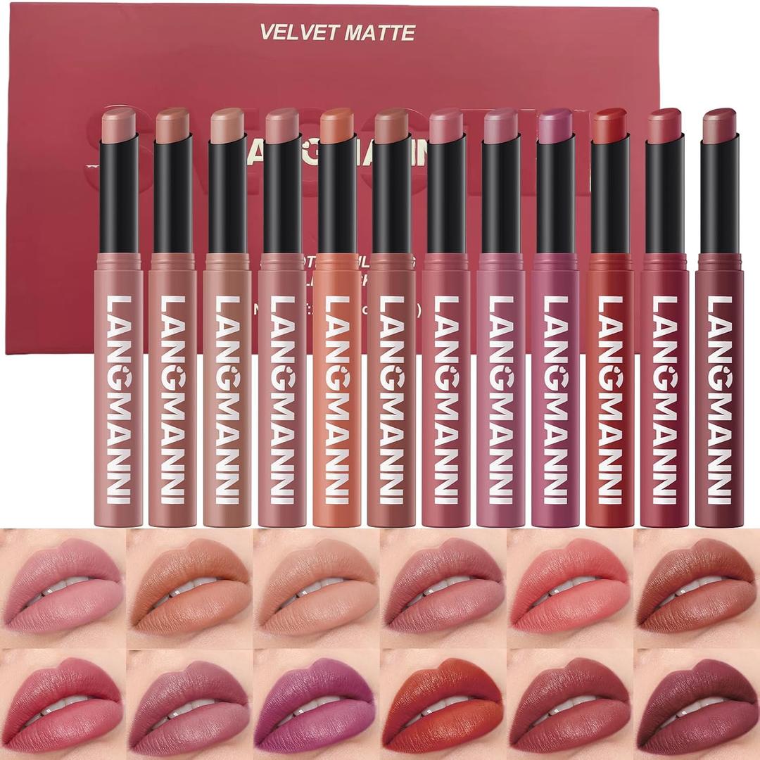 12Pcs Velvet Matte Lipstick Set, Nude to Dark Shades, Long-Lasting,Color A | Highly pigmented matte color, smooth creamy glide, waterproof wear, nude-to-dark tones, ideal for daily makeup or gifting