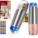 CIRCLE JOY Gravity Electric Salt and Pepper Grinder Set Stainless Steel Automatic Salt and Pepper Grinder Set, Battery Operated, LED Light, Adjustable Coarseness, for Home Kitchen BBQ, Silver
