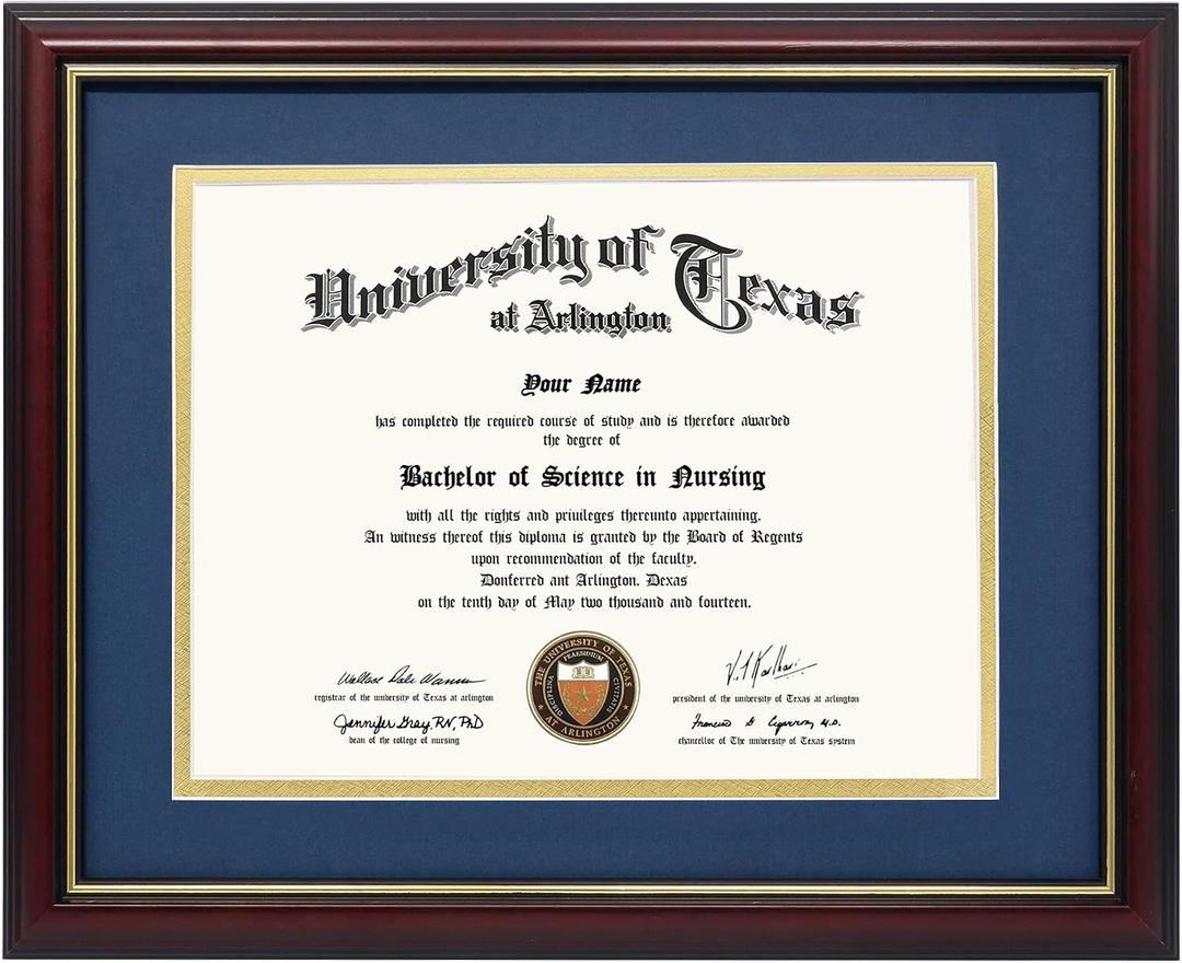 GraduationMall 8.5x11 Diploma Frame with Navy over Gold Mat or Display 11x14 Certificate without Mat,Solid Wood & UV Protection Acrylic,Cherry Finish with Gold Trim