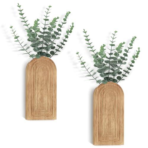 Dahey Wood Wall Planter Vase with Artificial Eucalyptus, 2 Pack Hanging Planter for Indoor Fake Plants Modern Boho Farmhouse Wall Art Decor for Bathroom Bedroom Kitchen Office Home Decoration, Natural