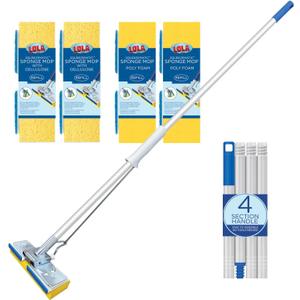 LOLA Squeezematic Butterfly Automatic Sponge Mop, 4 Mop Heads - 2 Foam w/ Cellulose Layer & 2 All Foam, 9" Head w/ Scuff Remover