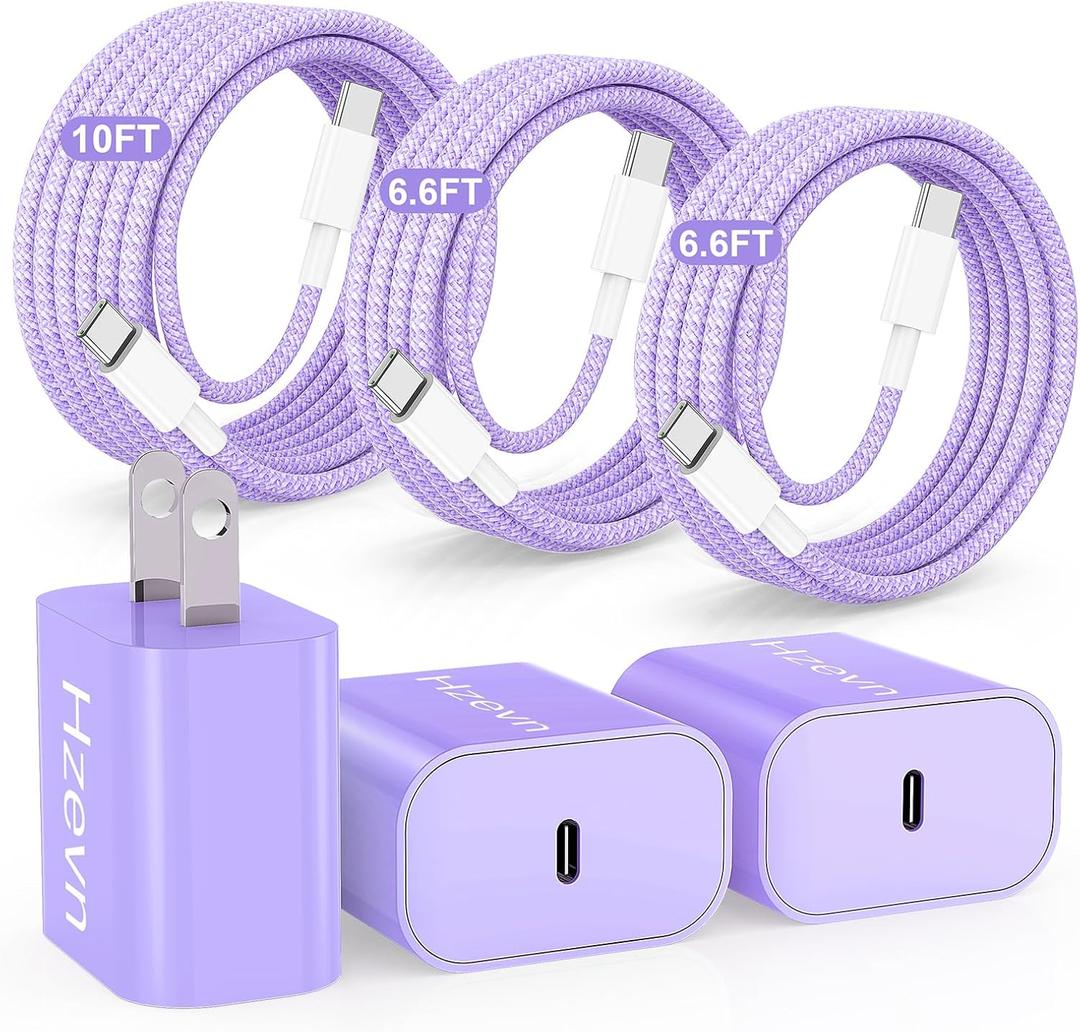 Fast Charging for iPhone 15 16 Pro Max Charger Colorful, 3Pack 20W USB C Fast Chargers Block with 6/6/10ft Long USB C to C Braided Cable Compatible with iPhone 16/15 Pro/15 Plus/Pad Pro 13/12.9,Purple