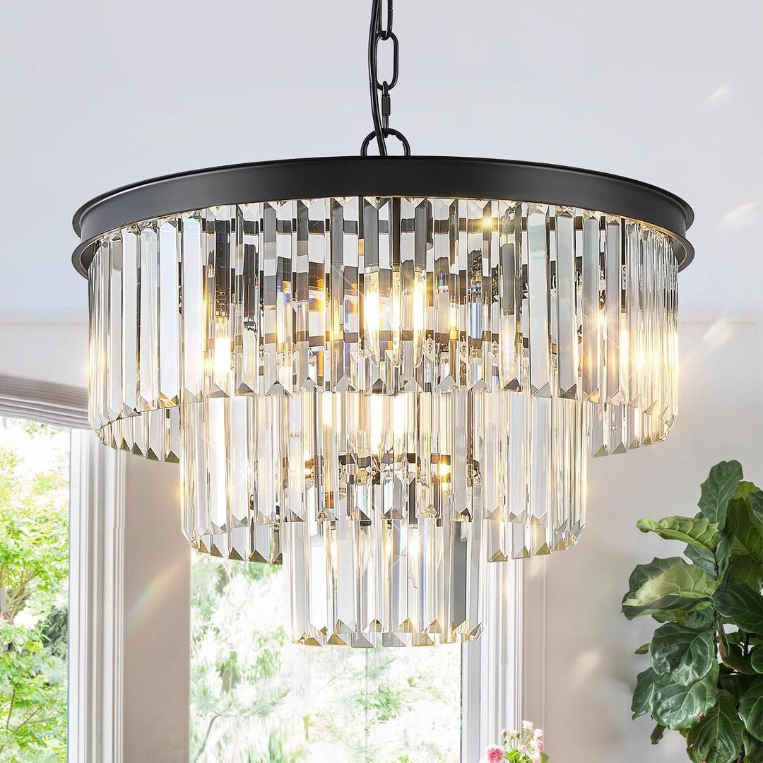 CATINER Black Crystal Chandeliers, 20” Modern Chandeliers for Dining Room 3 Tiers 7 Lights Luxury K9 Crystal Ceiling Pendant Round Light Fixture for Foyer Kitchen Bedroom Closet