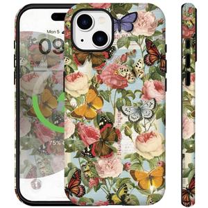 Compatible for iPhone 15 Plus Case Vintage Butterfly Rose Cute Aethetic Design for Women Girls [Compatible with Magsafe] Shockproof Anti-scratch Phone Case for iPhone 15 Plus, Retro Butterflies
