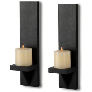 OwnMy Set of 2 Wooden Wall Candle Sconces Rustic Wall Mount Wooden Pillar Candle Sconces, Black Farmhouse Wall Candle Sconce Vintage Hanging Candle Holders Decor for Living Room