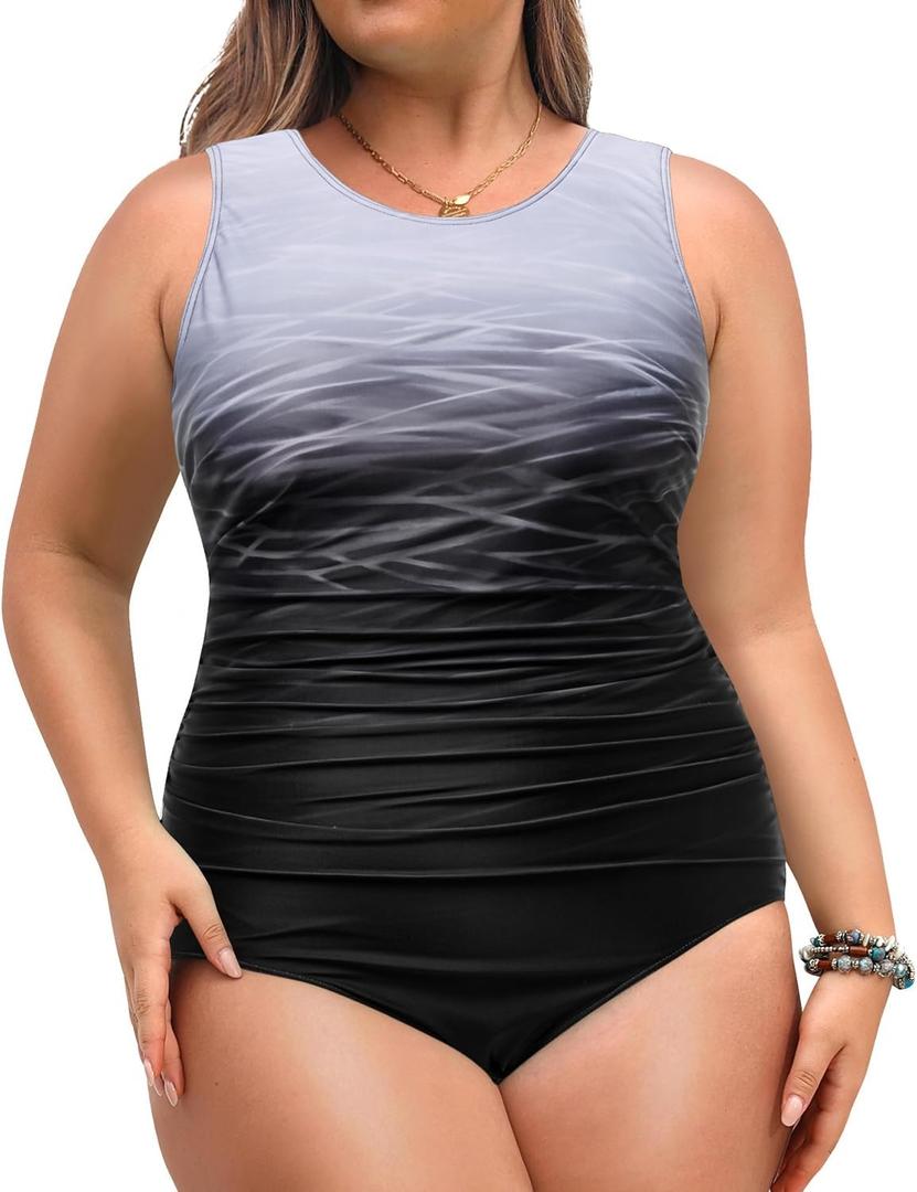 Daci Women Plus Size One Piece Swimsuit Tummy Control Athletic Bathing Suit Slimming Swimwear (16W, Gray Gradient 2)