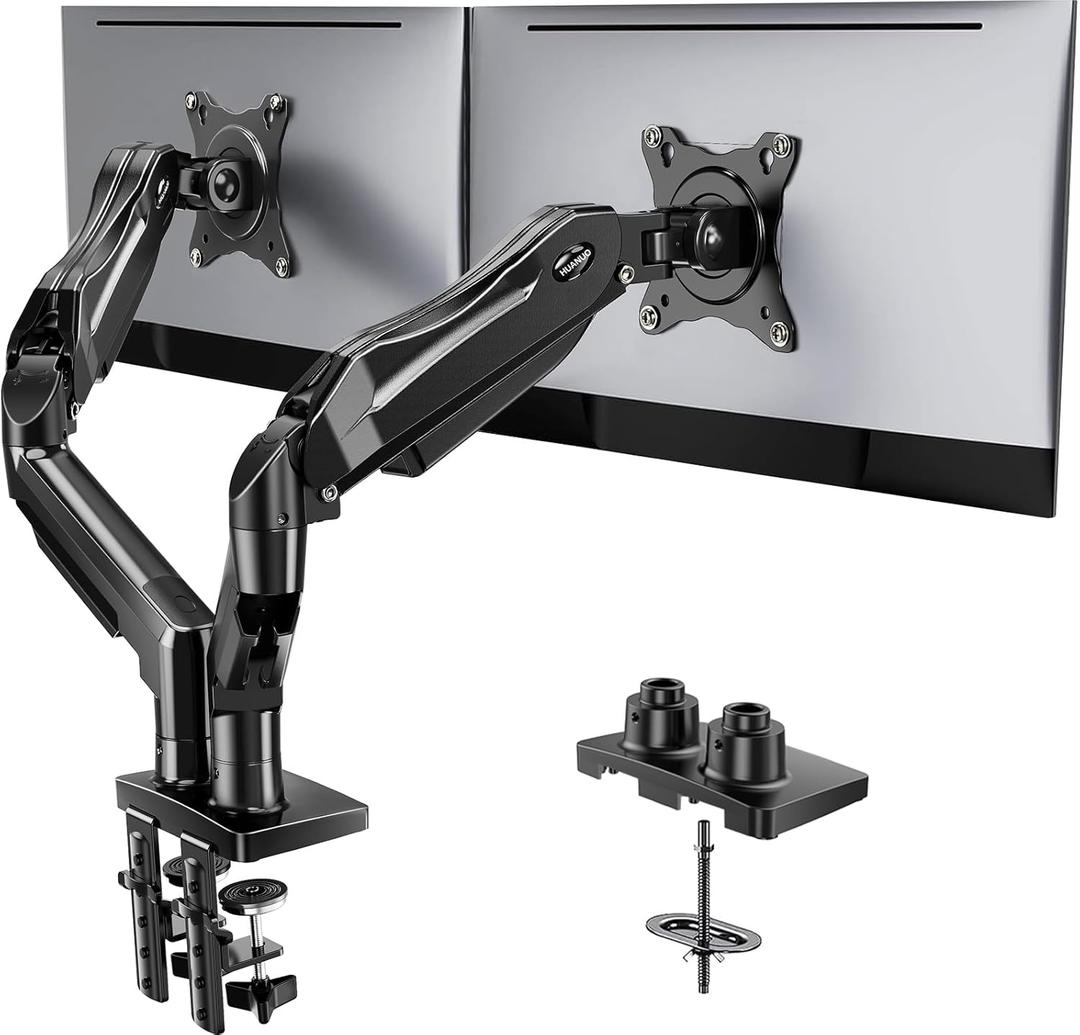 HUANUO FlowLift Dual Monitor Stand, Fully Adjustable Gaming Monitor Desk Mount for 1332 Computer Screens, Full Motion VESA 75x75/100x100 with C-Clamp & Grommet Base, Each Arm Holds 4.4 to 19.8 lbs