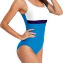 Womens One Piece Swimsuit Scoop Open Back Athletic Training Swimwear Color Block Sport Bathing Suit (White)