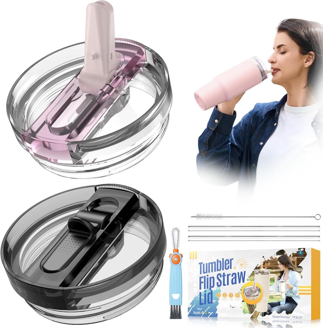 Leak Proof Lid for Stanley, 2 Pack 30oz Detachable ProTour Lid with Stanley Quencher, Flip Straw No Spill 30 oz Tumbler Lids, BFA-FREE Cup Accessories (Black & Rose Quartz)