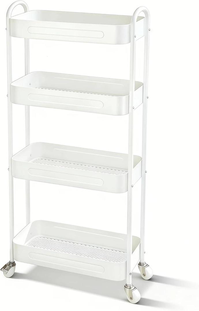 4 Tier Slim Kitchen Storage Cart for Narrow Space, 7.1'' Wide Metal Rolling cart with Wheels and Lockable Casters, Sturdy Mobile Thin Shelf for Laundry Room Between Washer and Dryer, White