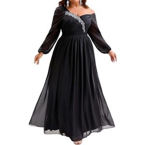 NIKBK Plus Size Sparkly Dresses for Women,Off Shoulder Long Sleeve Rhinestone Flowy Maxi Cocktail Wedding Guest Dress 1XL