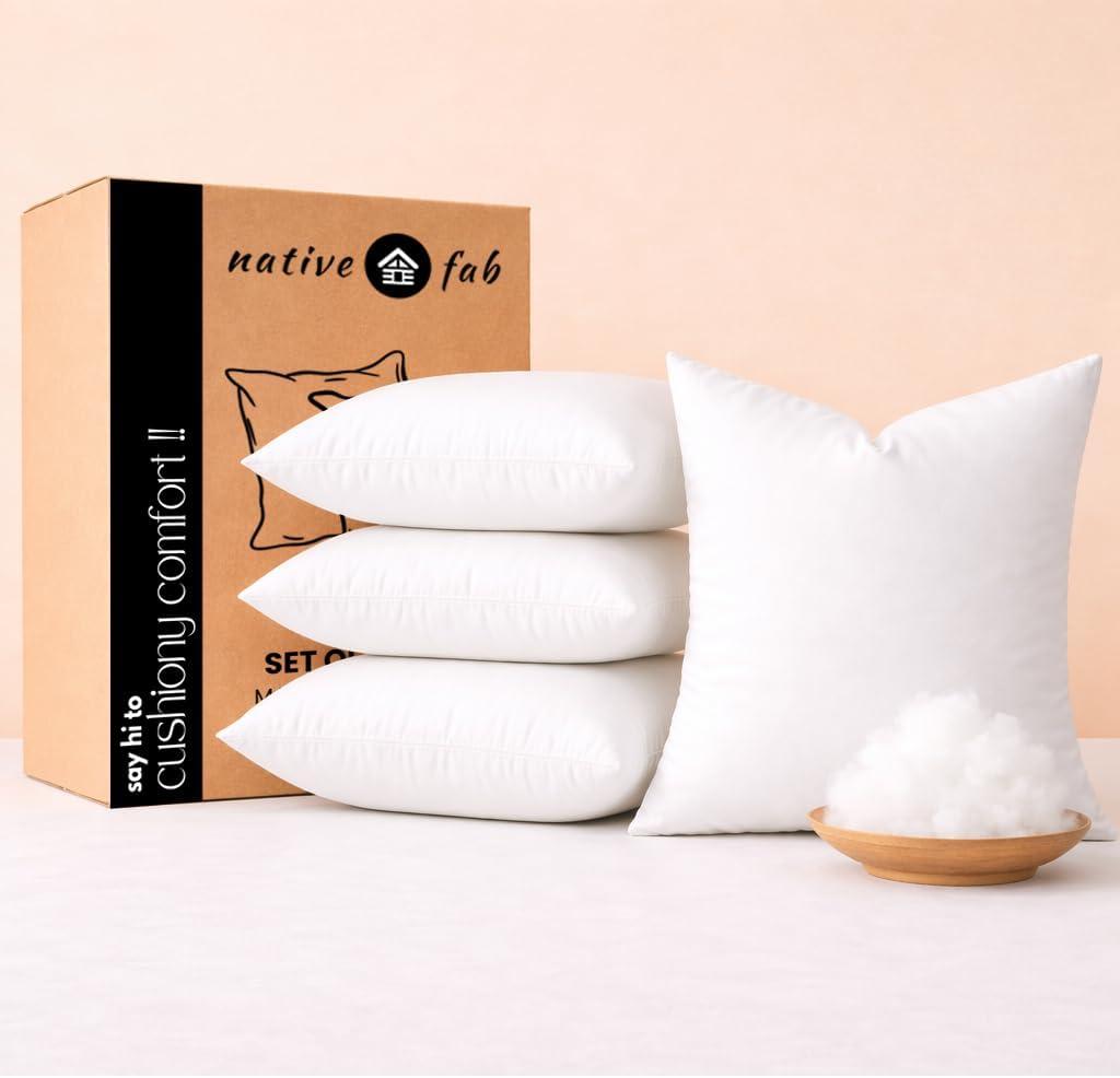 Native Fab Square Throw Pillow Inserts, Pack of 4, 12x12 Inches, White Polyester, Fluffy Decorative Cushion Fillers for Couch, Sofa, Bed, Chair, Back Support & Everyday Home Comfort