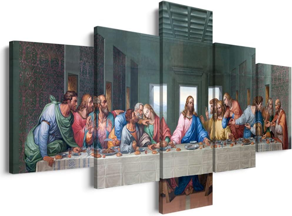 5-Panel Christian Religious Wall Decor Leonardo Da Vinci's The Last Supper Wall Art, Jesus Pictures for Dining Room Decor with Wooden Frame, Ready to Hang (60''W x 32''H)