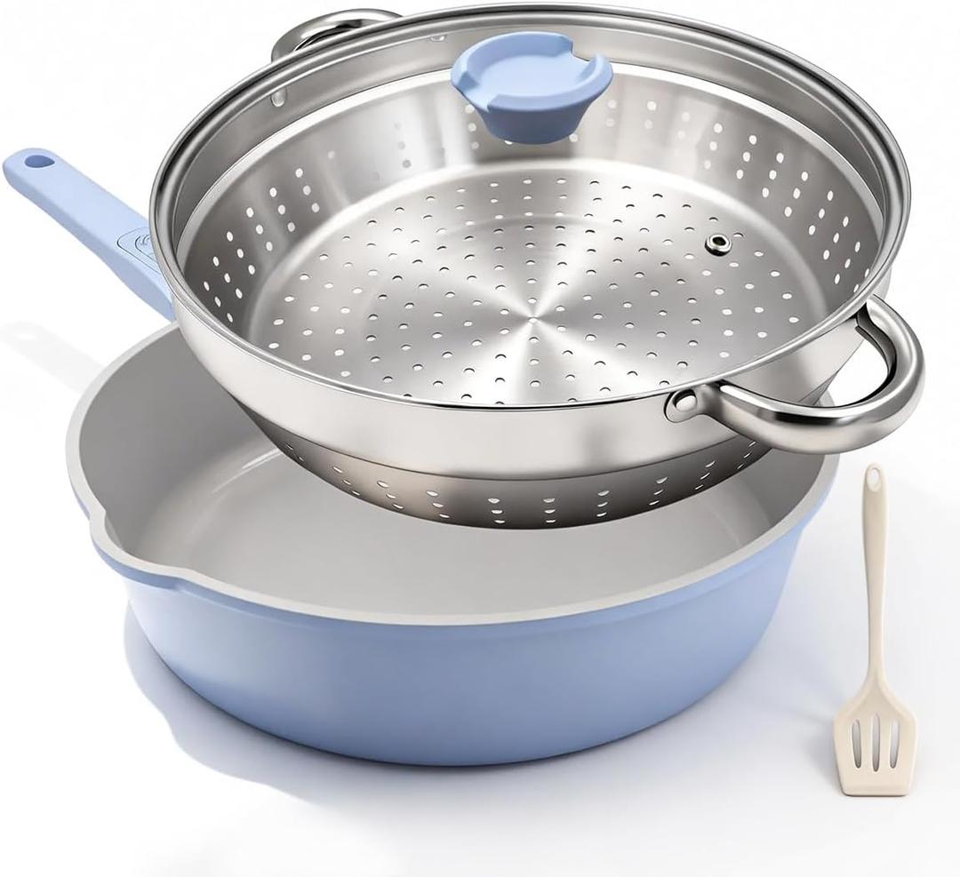 AIKENBBKK 12 Inch Nonstick Deep Frying Pan with Steamer, Ceramic Skillet with Lid, Steamer Pan for Cooking, 5 QT Non Stick Saute Pan with Detachable Handle, PTFE & PFAS-Free, Oven Safe, Blue