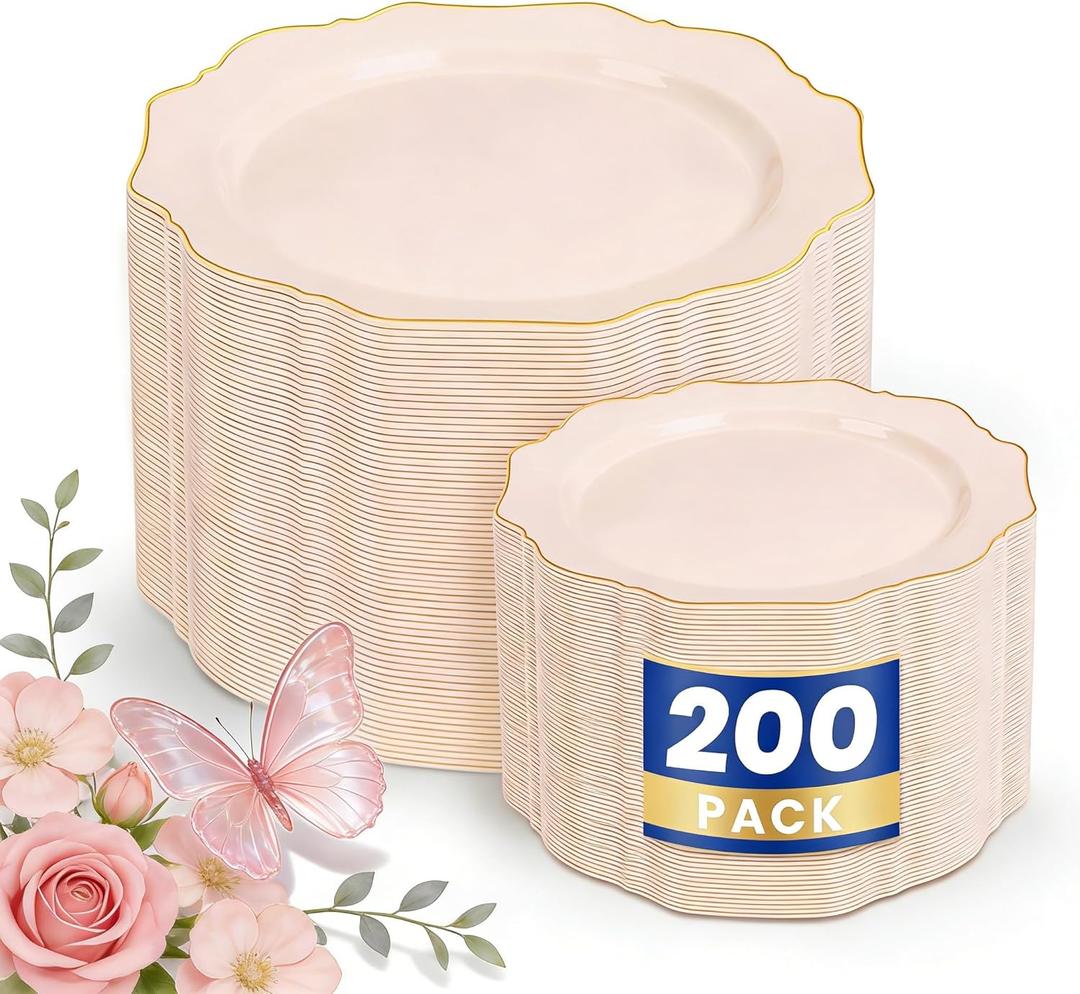 WDF 200PCS Pink Plastic Plates - Pink and Gold Plastic Plates - Include 100 Dinner Plate and 100 Cake Plate for Spring/Wedding/Bridal Shower/Tea party/Mother's Day