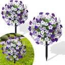 23" Artificial Boxwood Topiary Ball Trees with Petunias Flowers, Set of 2 Faux Outdoor Plants with Ground Spike for Outdoors, UV Resistant Fake Flowers for Outdoor Garden Yard Front Porch Patio Decor