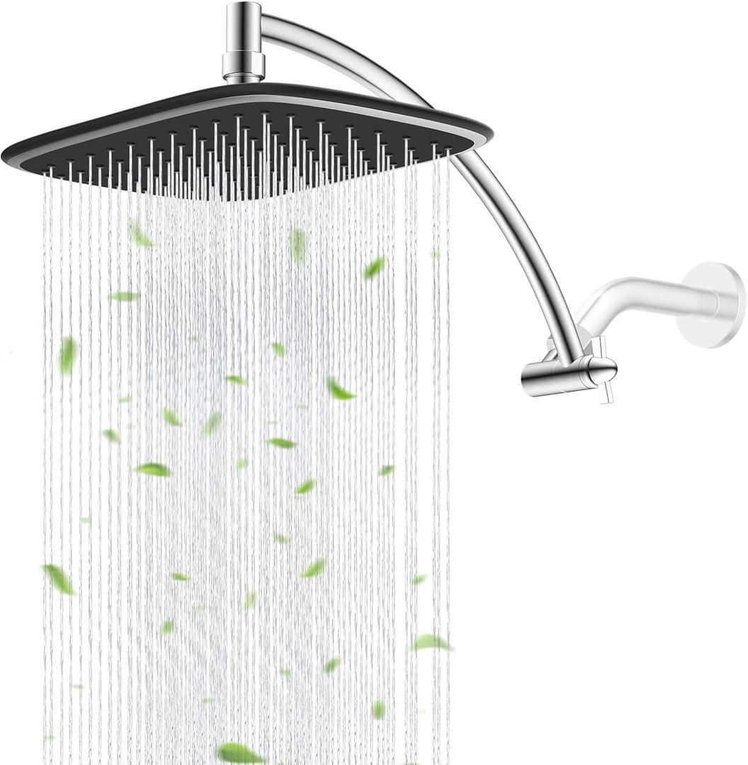 iFealClear Rain Shower Head with 12" Shower Extension Arm, 10" High Pressure Boosting Rainfall/Fixed Showerhead, Metal Shower Head Extender Adjustable Height/Angle, 1-Min Easy to Install/Clean, Chrome
