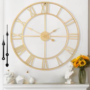 Large Wall Clock for Living Room Decor - 60cm/ 24 Inches Silent Non-Ticking Metal Wall Clocks Battery Operated, Vintage Decorative Modern Wall Clock for Bedroom, Office, Farmhouse Decor (Gold)