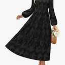 Women's 2026 Fall Floral Midi Dress Long Sleeve Smocked Flowy Long Wedding Guest Vacation Dresses, Small