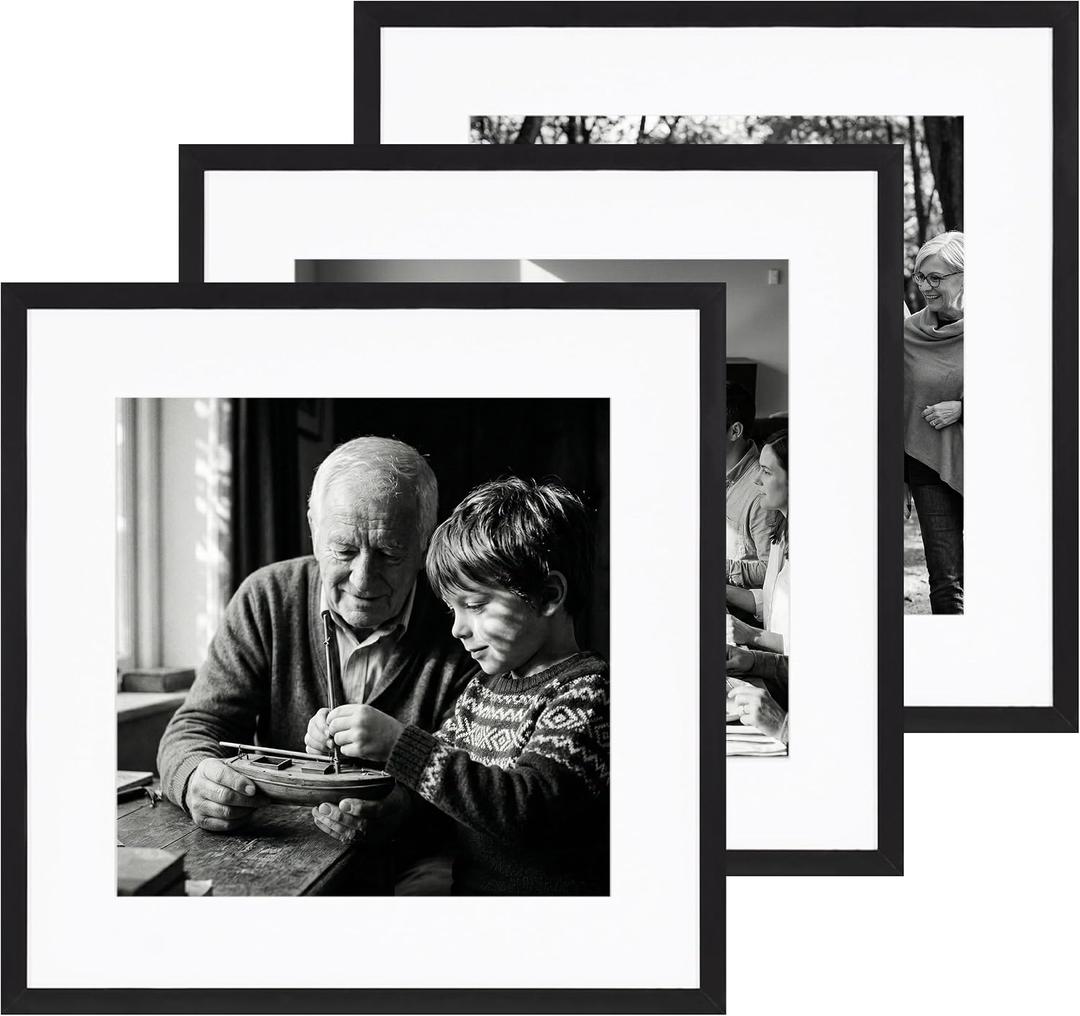 eletecpro Gallery Wall Frame Set of 3, 20x20 Inch Square Black Frames with 16x16 Mat, Scratch-Resistant Finish for Modern Home Decor
