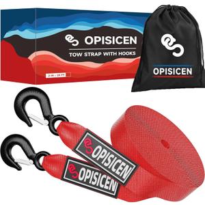 Tow Strap with Hooks 2 Inch x 20 Foot - 15,216 lbs Breaking Strength Emergency Heavy Duty Capacity Tow Rope Forged Steel Hooks for Car Truck Jeep ATV SUV, Roadside Recovery (Red, 2" x 20')