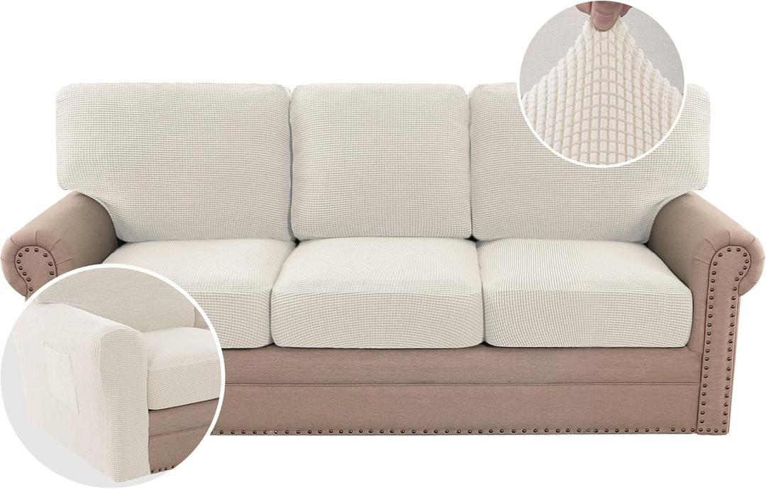 H.VERSAILTEX Multi-Pieces Sofa Covers Stretch Couch Covers Form Fitted Seats and Back Cushions Covers (3 Seat Covers Plus 3 Back Cusion Covers, Bonus 2 Armrest Covers), Ivory