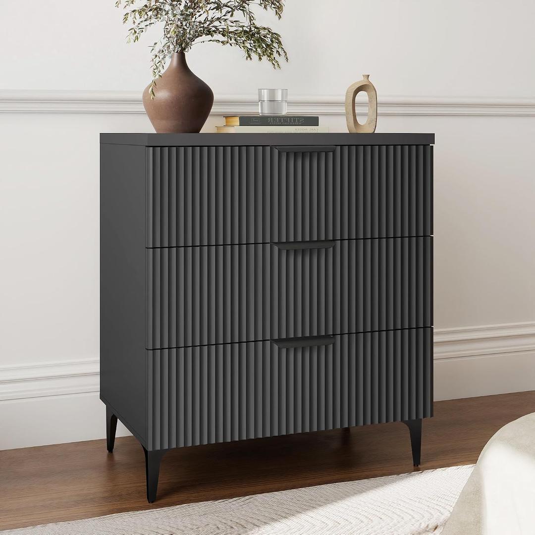 25.6" W Black Fluted Nightstand with 3 Drawer, Modern Wood Night Stands | Bedside Table for Bedroom King/Queen Bed, End Table with Robot-friendly Legs for Living Room,Entry, 25.6" W x 13.78" D x 29.53" H
