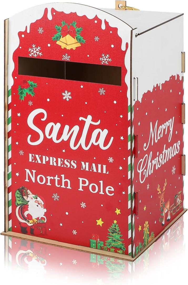 Christmas Mailbox Letters to Santa,Wooden Red North Pole Delivery Mailbox for Santa Claus for Christmas Indoor Outdoor Decor(Red)