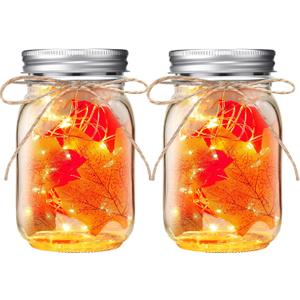 LemonRoad 2 Sets Thanksgiving DIY Craft Kit DIY Glass Mason Jar Solar Lanterns Fall Maple Leaf Table Centerpieces Decoration with Rope Brush Glue for Autumn Party Decor Classroom Activities Crafts