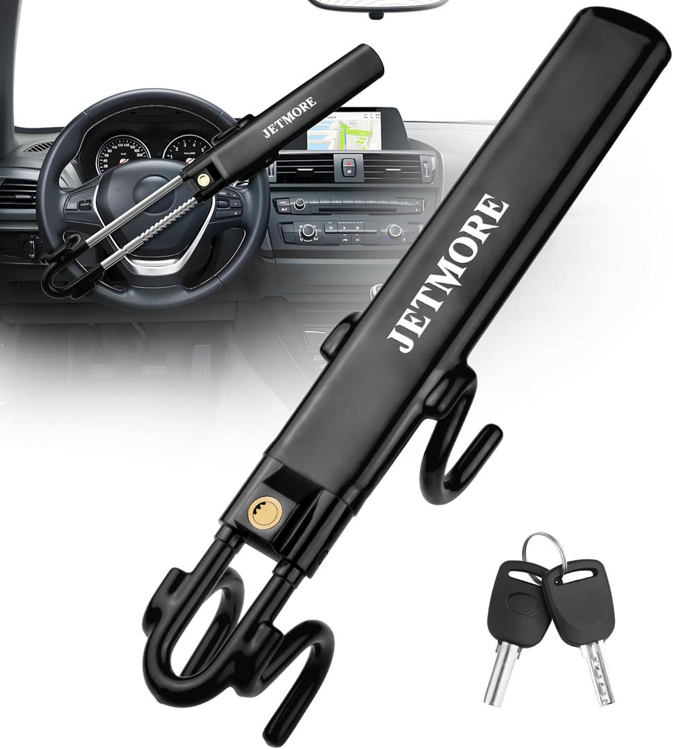 Jetmore Car Steering Wheel Lock Anti-Theft Device, Car Lock Steering Wheel, Wheel Locks for Cars, Anti-Theft Car, Two-Hook, Reinforced Alloy Steel, Fit for Street & Overnight Parking, High-Risk Areas (Black)