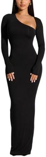 Yanfoam Women's Sexy Bodycon Long Sleeve Skew Collar Ribbed Party Club Basic Maxi Dress L