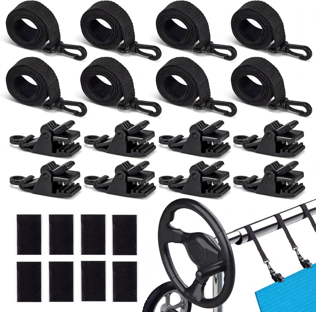 24Pcs Pool Solar Cover Reel Attachment Kit, Heavy Duty Solar Cover Straps and Clips for Inground Swimming Pool, Solar Blanket Strap Kit with Hooks & Touch Fastener