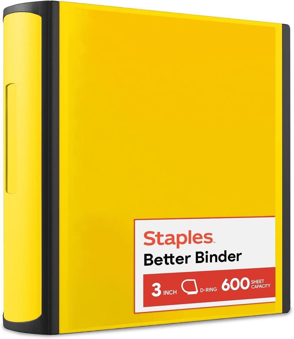 Staples Heavy-Duty 3-Inch D-Ring Binder, Yellow  Large Capacity 3-Ring Binder, Holds Up to 600 Sheets for School & Office