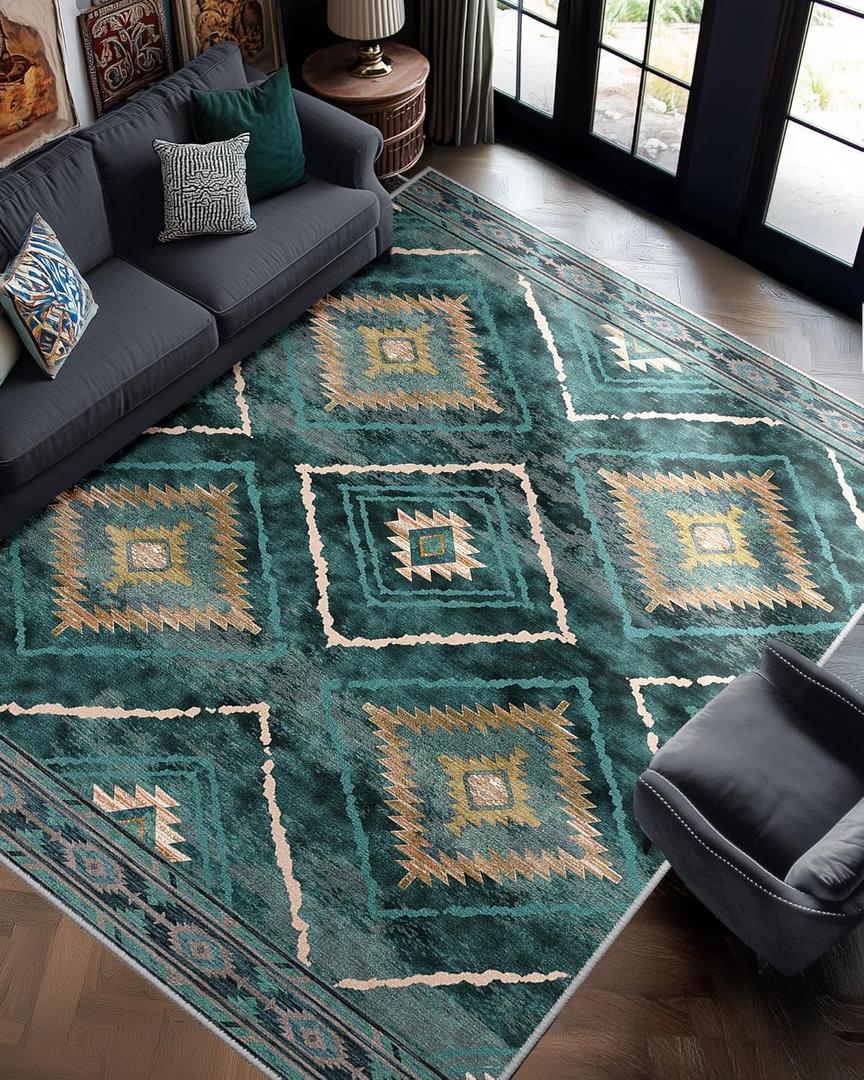 Area Rug 8x10 Rug Machine Washable Non-Slip Low Pile Print Pattern Western Rug for Living Room Bedroom Entryway-Teal/Green