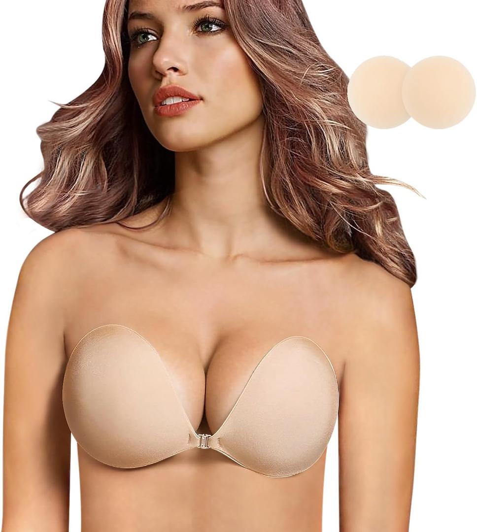 queensecret Adhesive Bra, Push up Strapless Self Adhesive Bra, Invisible Silicone Bra for Backless Dress (Nude)