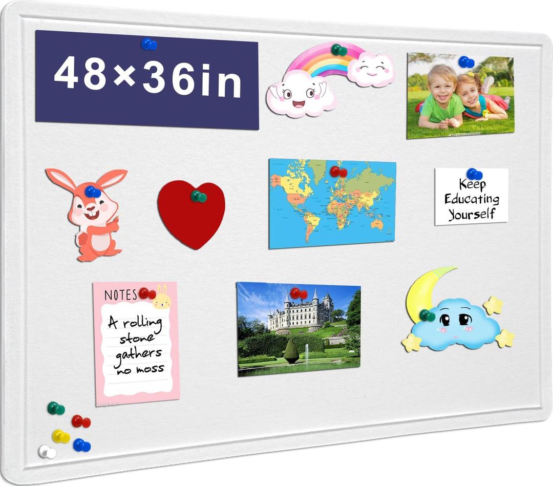 Large Bulletin Board, 48 X 36 inches Felt Board Notice Pin Board,4' x 3' Cork Board Alternative for Wall, Self-Adhesive Vision Board Mood Board Foldable Photo Board with 30 Pushpin-Warm White