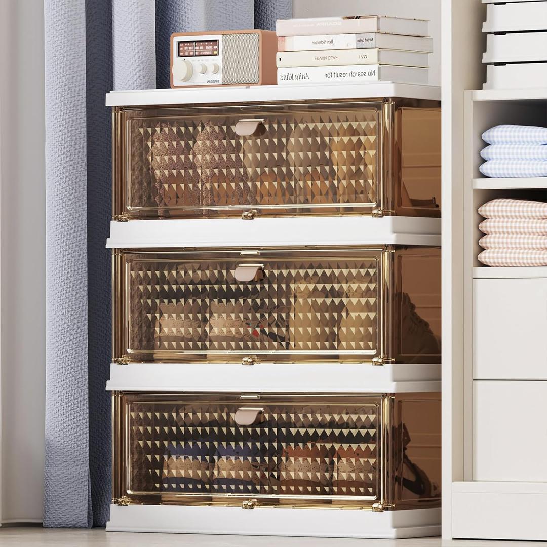 HAIXIN X-Large Shoe Storage Boxes Organizers, 3 Tier Foldable Shoe Rack & Holder Substitute, Diamond Plastic Sneaker Containers, Clothes Storage Organizer Bins for Entryway, Closet, Brown