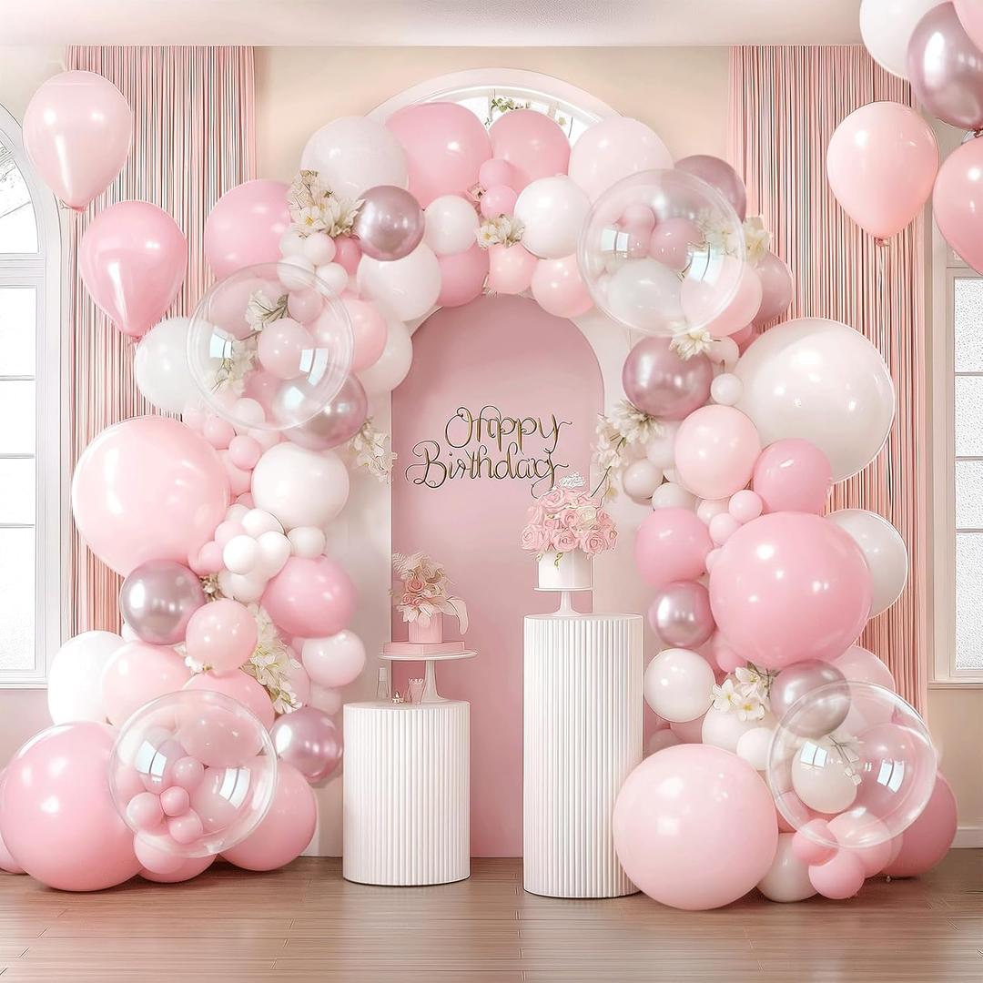 Pink and White Balloon Arch Kit, Pastel Pink Balloon Garland with Dusty Light Metallic Pink Matte White Balloons and Clear Balloons for Valentines Day Bridal Shower Wedding Party Birthday Decorations.