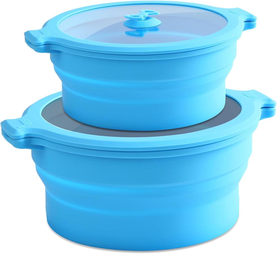 Collapsible Silicone Microwave Cookware Cooker Steamer for Cooking with Lids, 0.8L and 1.4L Glass Food Storage Container Sealed Bowl Mixing Bowls 2pc Set BPA Free (Blue)