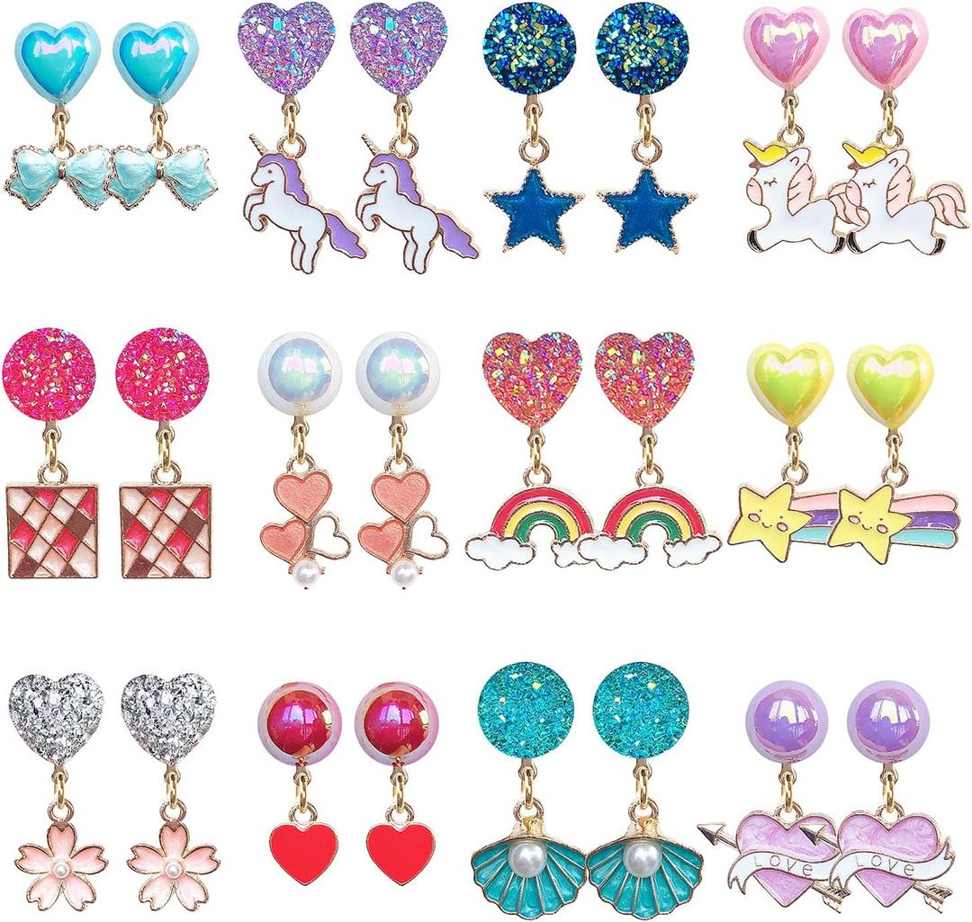 12 Pairs Clip On Earrings Girl Party Favor Princess Clip on Earrings Pretend Play Unicorn Earrings for Little Girl Kids Toddlers Jewelry Set