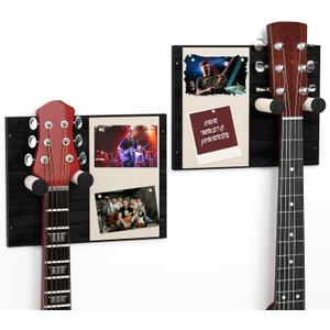 2 Pack Guitar Wall Mount with Memo Board - Wooden Guitar Hanger for Acoustic, Electric Guitars & Ukuleles, Display Photos & Concert Tickets, Rustic Music Wall Decor (Black)