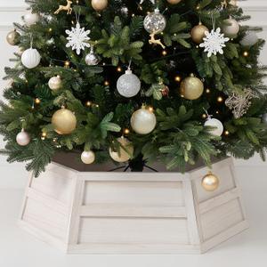 Hexagon Wooden Christmas Tree Collar Box 6 Panels 30'' Christmas Tree Base Cover Decor Vintage Rustic Farmhouse Trees Skirt for Xmas Holiday(White)