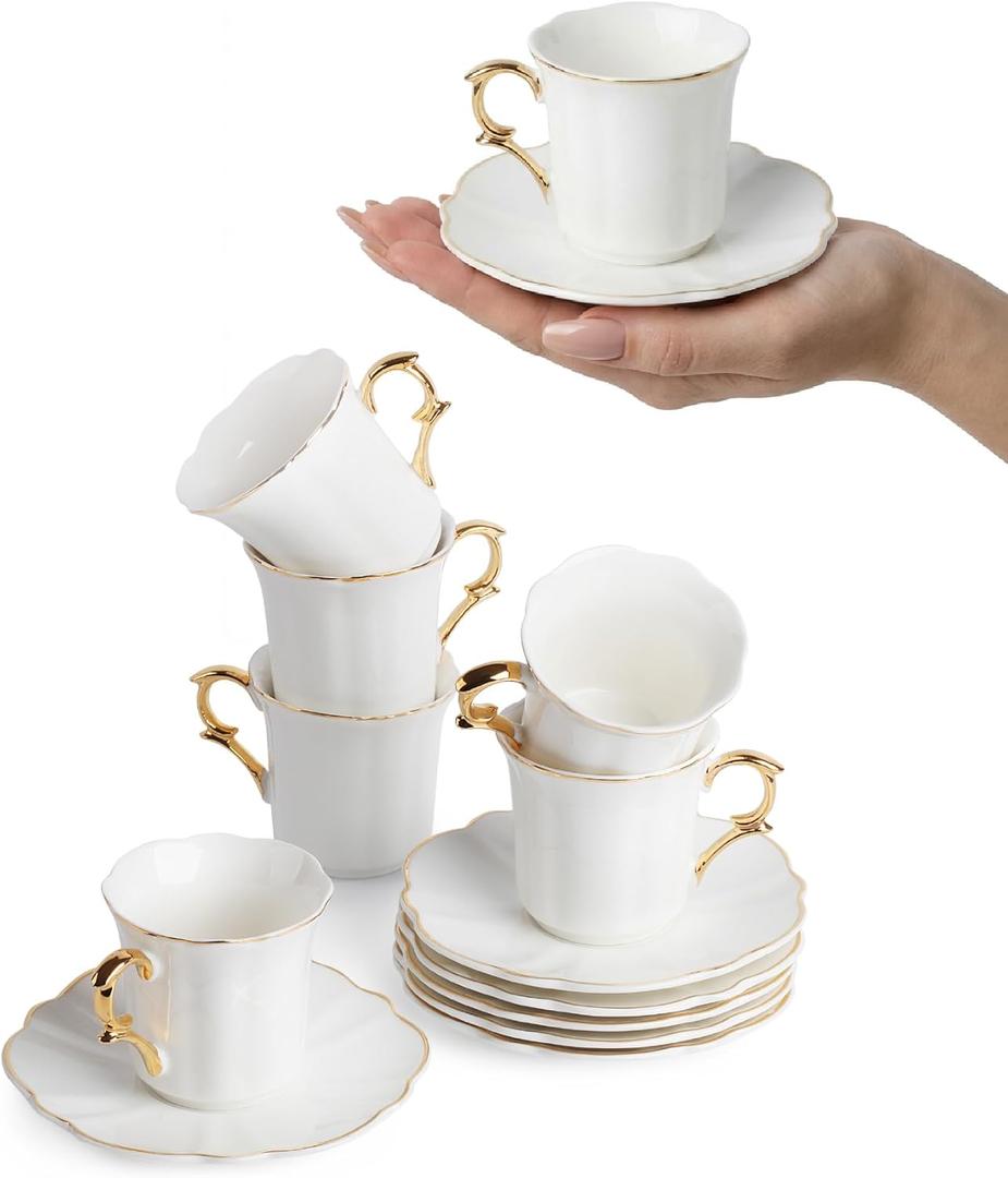 BTaT- Turkish Coffee Cup Set, 3 oz, 6 Set (12 pcs), Elegant White Cups & Saucers with Gold Trim, Small Porcelain Espresso Set for Serving Greek, Arabic & Turkish Coffee, Gift Giving