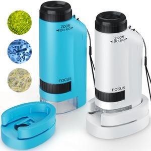 Portable Microscope for Kids Zoom 60x-180x,Handheld Mini Microscope STEM & Science Toys,LED Pocket Little Scientist Microscopes with 12pcs Slides,Gifts for 6,7,8,9,10+ Girls BoysBlue&White