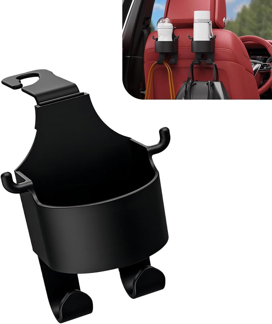1 PC Seat Backrest Cup Holder, High Load Cell Phone/Mug/Umbrella Hanging Bag 3-in-1 PU Holder with Long/Short Hooks, Multi-functional Storage Accessory, Universal Fit for Most Cars (Black)