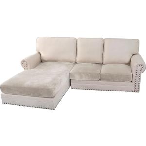 H.VERSAILTEX Velvet Stretch 3-Piece L Shape Sectional Couch Covers (Large 2 Seater + 1 Chaise, Oatmeal)