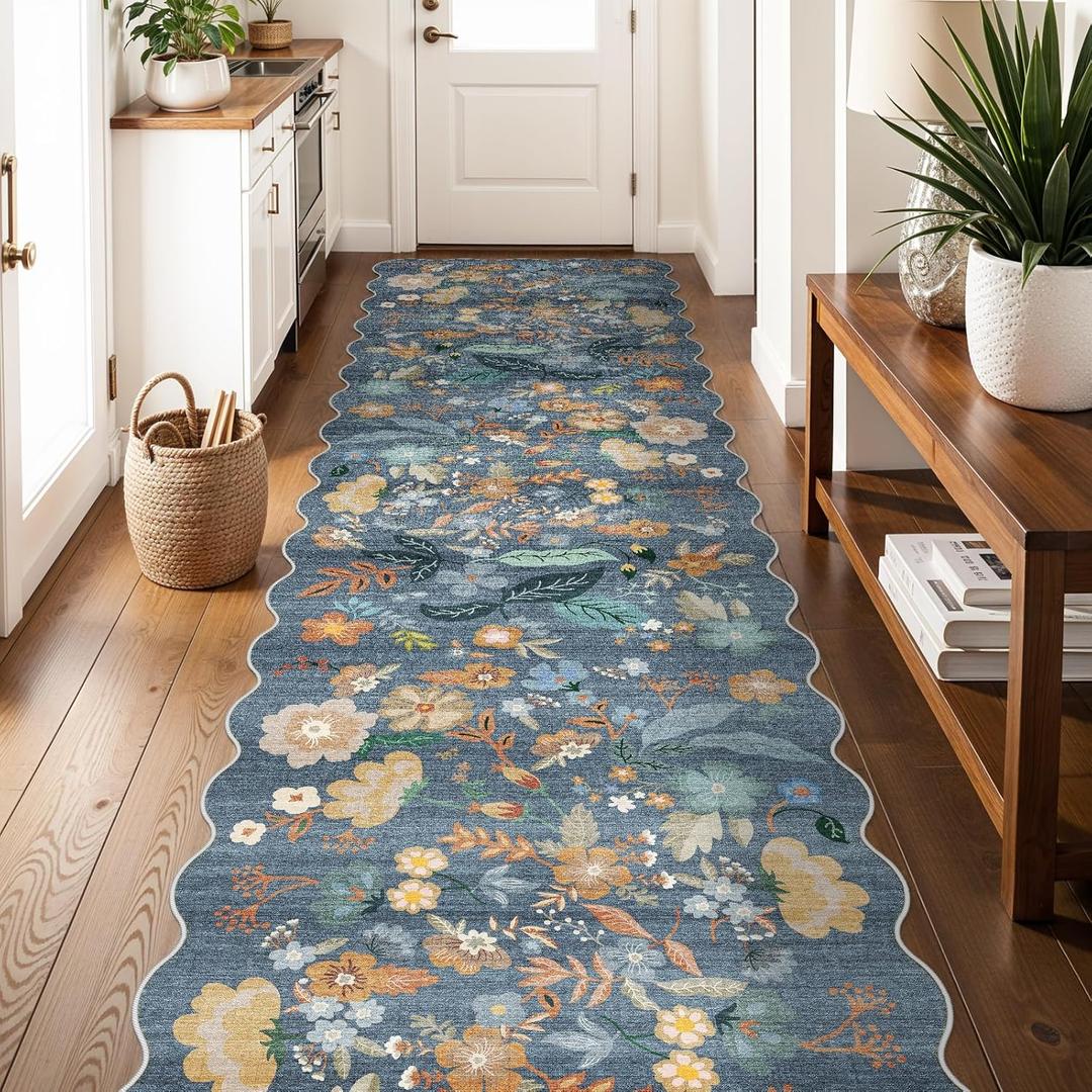 3x12 Runner Scalloped Rug for Hallway: Washable Non Slip Floral Rug for Kitchen Entryway Bathroom - Soft Low Pile Long Flower Carpet Runners for Hallway 12ft - Boho Chic Decor (3x12 Blue)
