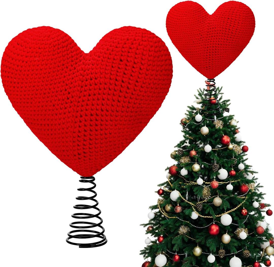 11.2x8 Inch Valentine's Day Tree Topper Crochet Knit Heart Tree Topper Large Christmas Ornament Heart Decorations for Valentines Day Wedding Party Home Indoor (Red)